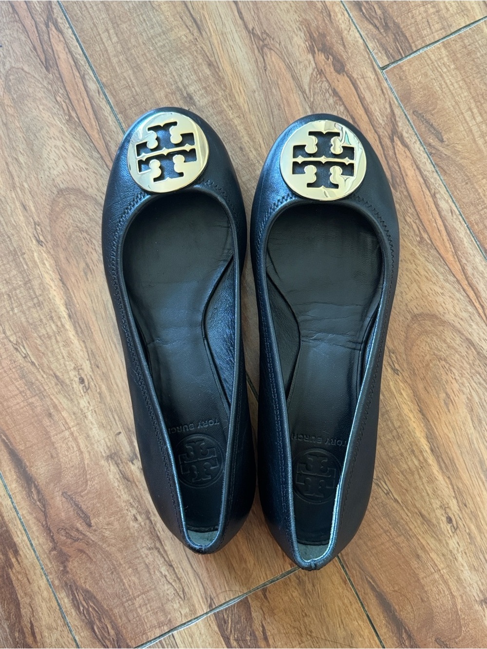 Tory Burch Black Leather Flats with Gold Logo Medallion